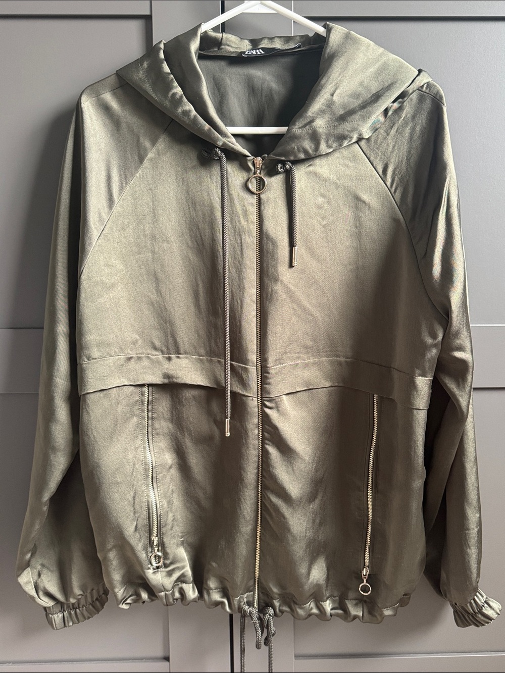Zara Satin-Look Olive Green Hooded Bomber Jacket